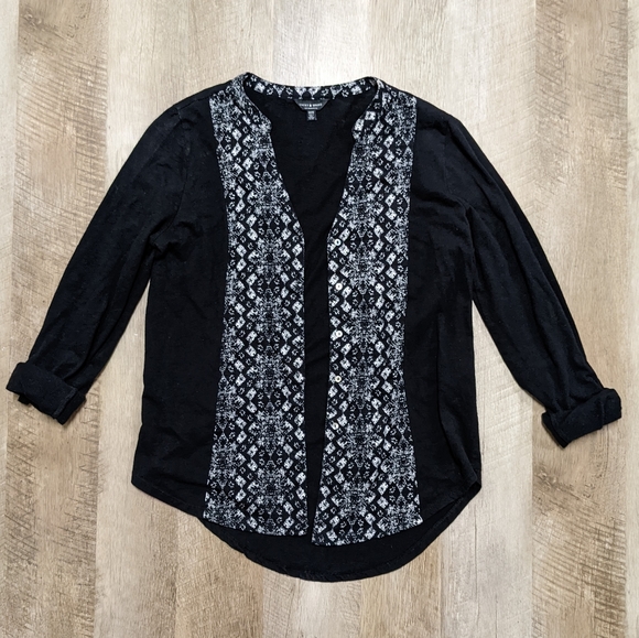 Lucky Brand Black and White Floral Print Button Down Shirt Roll Tab Sleeves - Picture 1 of 9